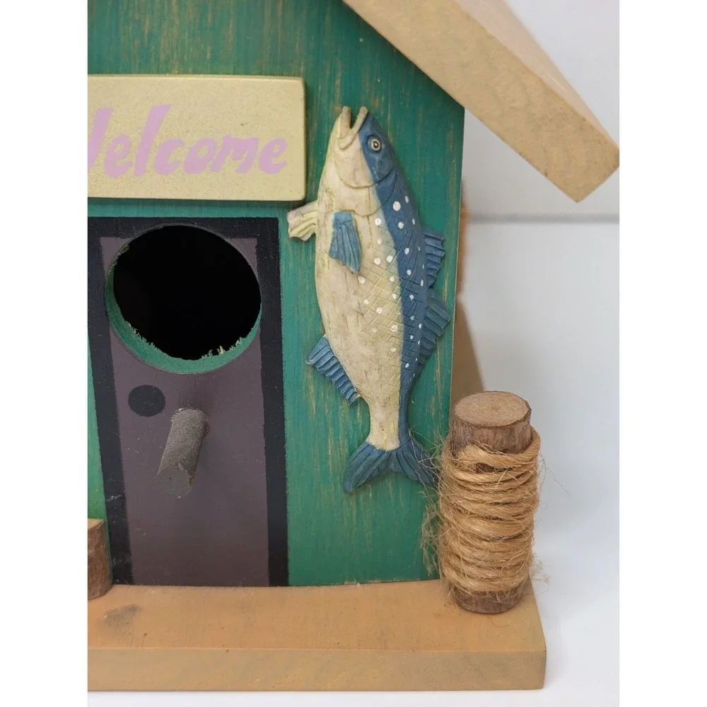 Rustic Fishing Cabin Birdhouse Wooden Lake Lodge Decor Fish 